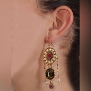 RARE Fendi Gold Tone Beaded Drop Hook Gold Tone Earrings AUTHENTIC